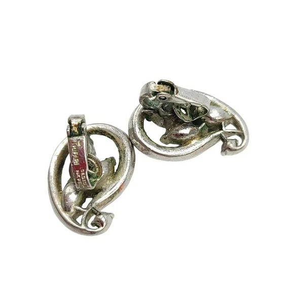 TRIFARI Silver Tone Blue Clear Rhinestone Teardrop Clip Earrings Vintage Patent - Picture 4 of 4